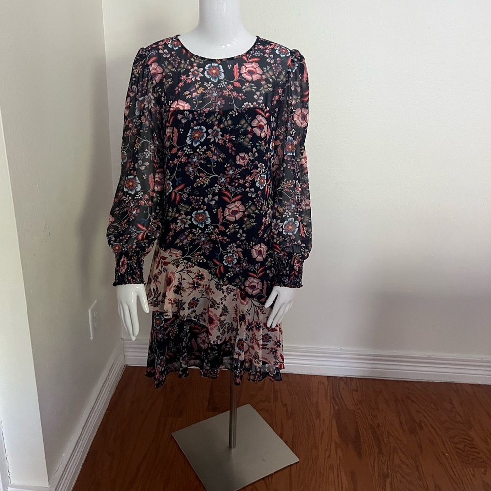 Eliza J Black Floral Sheer Long-Sleeve Midi Dress with Pink and Blue Blooms